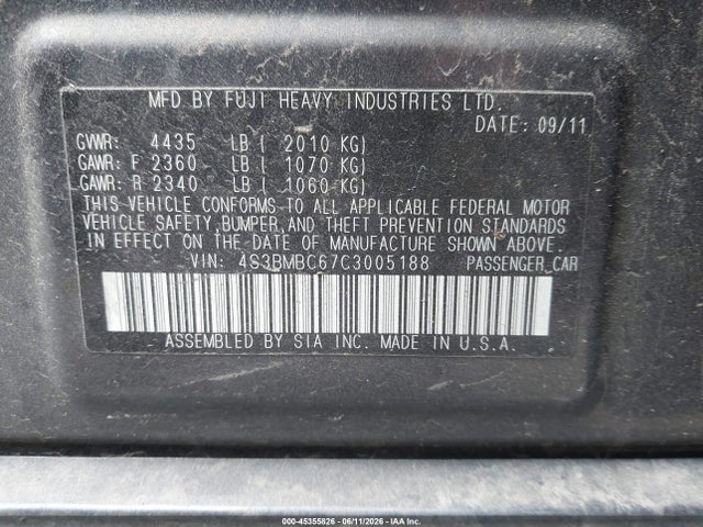 Продаж на аукціоні авто 2012 Subaru Legacy 2.5i Premium, vin: 4S3BMBC67C3005188, номер лоту: 45355826
