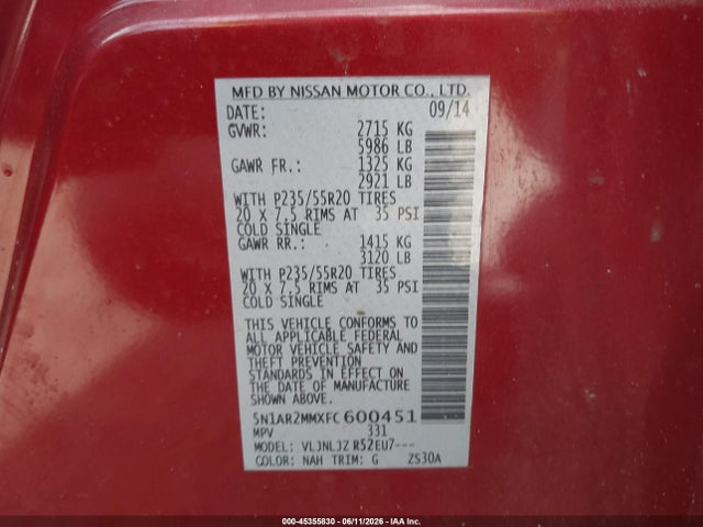 Продаж на аукціоні авто 2015 Nissan Pathfinder Platinum, vin: 5N1AR2MMXFC600451, номер лоту: 45355830
