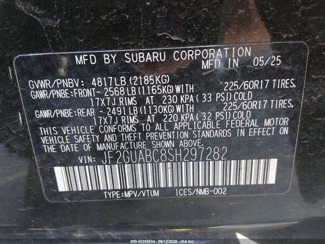 Aukcja sprzedaży 2025 Subaru Crosstrek, vin: JF2GUABC8SH297282, numer aukcji: 45355834