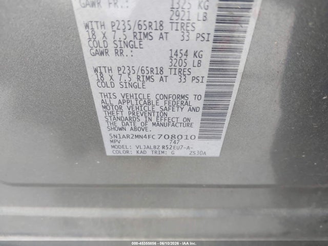 Aukcja sprzedaży 2015 Nissan Pathfinder S, vin: 5N1AR2MN4FC708010, numer aukcji: 45355856