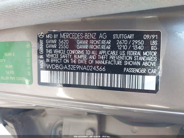 Продаж на аукціоні авто 1992 Mercedes-benz 300 Se, vin: WDBGA32E9NA024366, номер лоту: 45355868