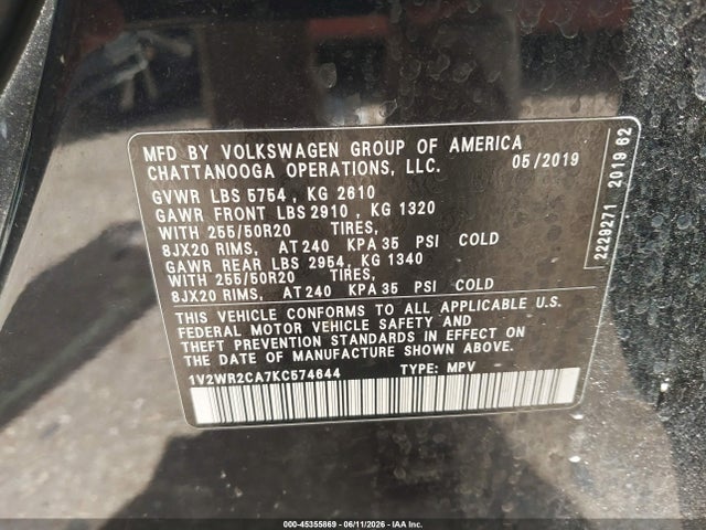 Продажа на аукционе авто 2019 Volkswagen Atlas 3.6l V6 Se W/technology, vin: 1V2WR2CA7KC574644, номер лота: 45355869