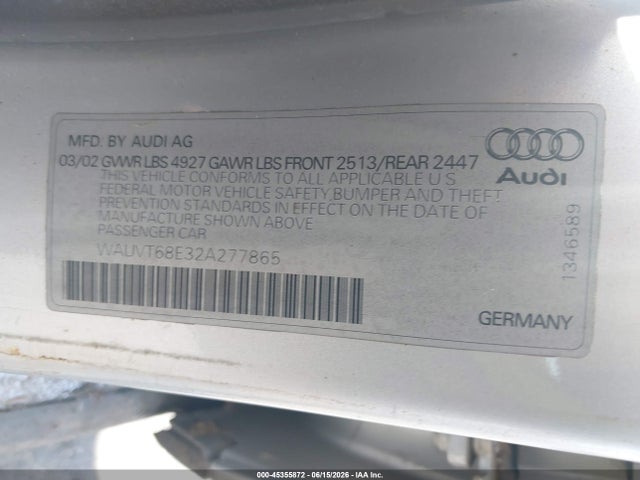 Aukcja sprzedaży 2002 Audi A4 3.0 Avant, vin: WAUVT68E32A277865, numer aukcji: 45355872