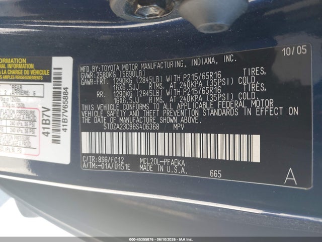 45355876 :رقم المزاد ، 5TDZA23C96S406368 vin ، 2006 Toyota Sienna Le مزاد بيع