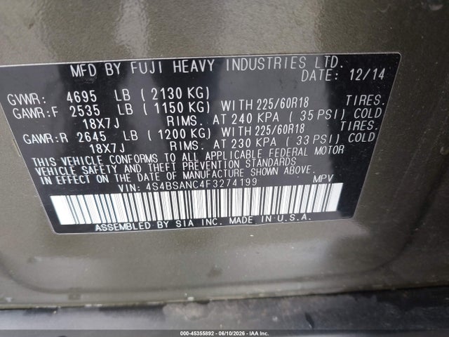 Subaru Outback 2.5i Limited 2015 4S4BSANC4F3274199 Image 9