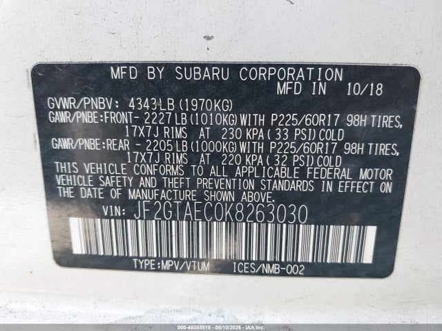 Subaru Crosstrek 2.0i Premium 2019 JF2GTAEC0K8263030 Image 9