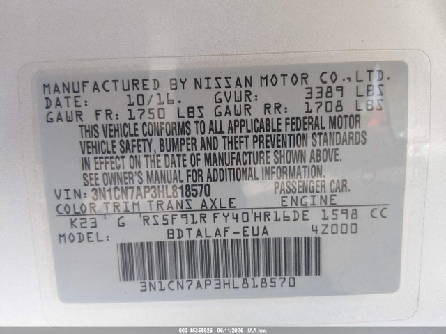 Nissan Versa 1.6 S 2017 3N1CN7AP3HL818570 Image 9