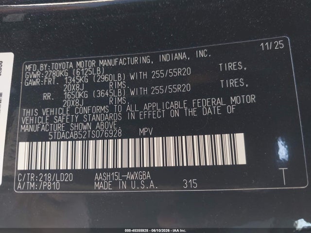 45355928 :رقم المزاد ، 5TDACAB52TS076928 vin ، 2026 Toyota Grand Highlander Hybrid Nightshade Edition مزاد بيع