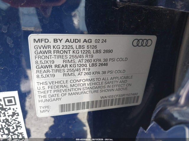 45355939 :رقم المزاد ، WA1EECF33R1107460 vin ، 2024 Audi Q3 Premium Plus 45 Tfsi S Line Quattro Tiptronic مزاد بيع