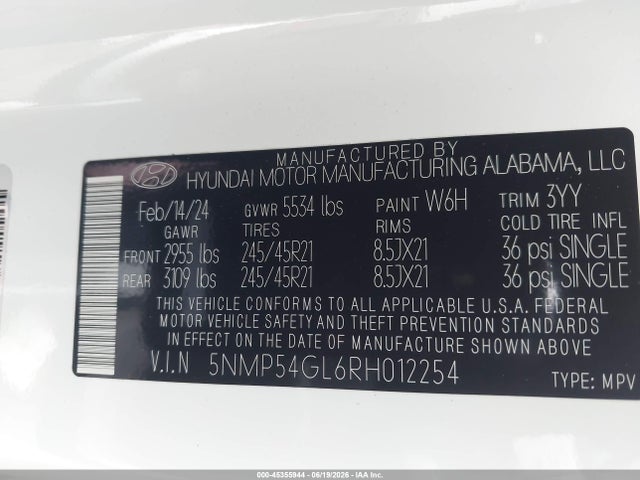 45355944 :رقم المزاد ، 5NMP54GL6RH012254 vin ، 2024 Hyundai Santa Fe Calligraphy مزاد بيع
