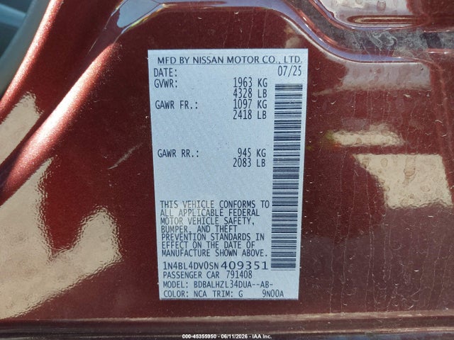 1N4BL4DV0SN409351 Nissan Altima Sv Fwd
