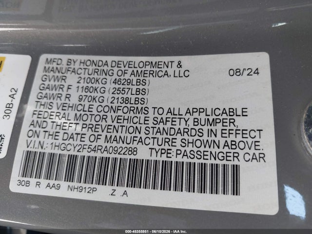 1HGCY2F54RA092288 Honda Accord Hybrid Sport