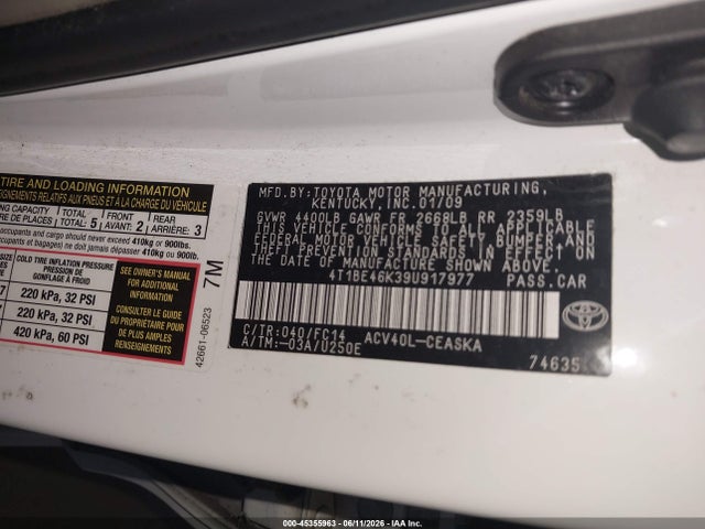 Продажа на аукционе авто 2009 Toyota Camry Se, vin: 4T1BE46K39U917977, номер лота: 45355963