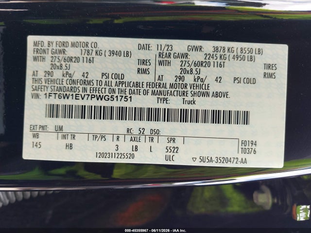 Продажа на аукционе авто 2023 Ford F-150 Lightning Lariat, vin: 1FT6W1EV7PWG51751, номер лота: 45355967