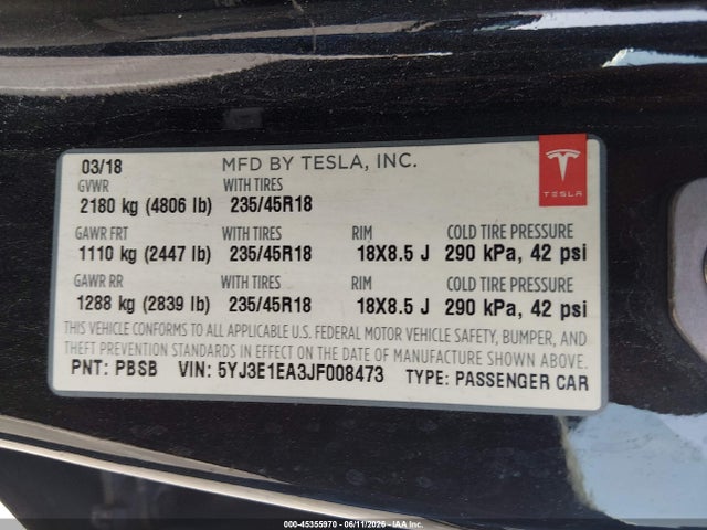 Tesla Model 3 Long Range/mid Range 2018 5YJ3E1EA3JF008473 Image 9