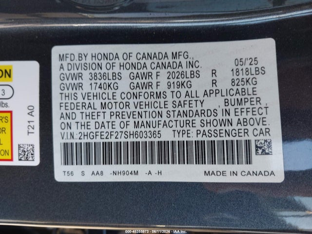 2HGFE2F27SH603365 Honda Civic Lx