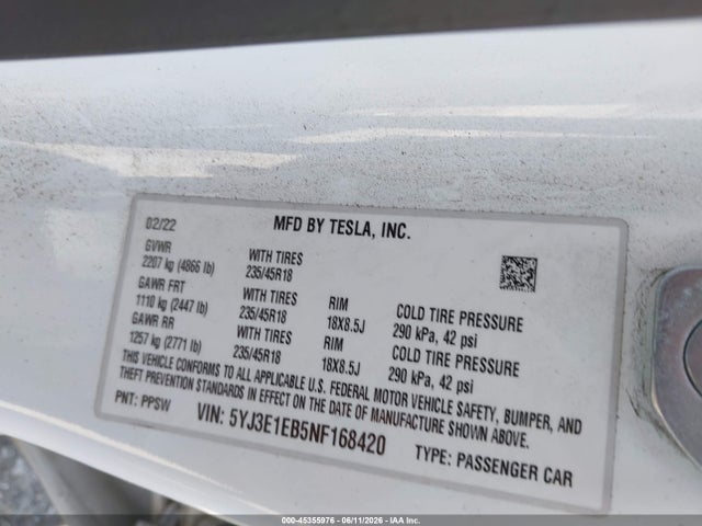 45355976 :رقم المزاد ، 5YJ3E1EB5NF168420 vin ، 2022 Tesla Model 3 Long Range Dual Motor All-wheel Drive مزاد بيع