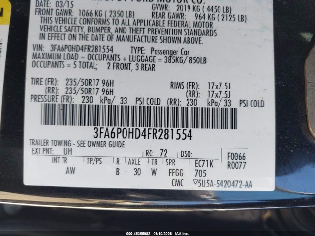 Ford FUSION SE 2015 3FA6P0HD4FR281554 Image 9