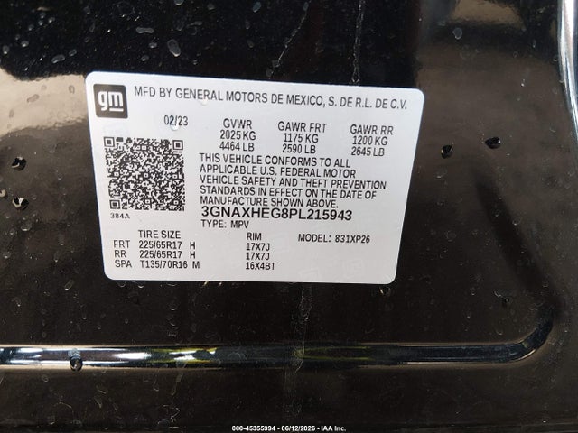45355994 :رقم المزاد ، 3GNAXHEG8PL215943 vin ، 2023 Chevrolet Equinox Fwd Ls مزاد بيع