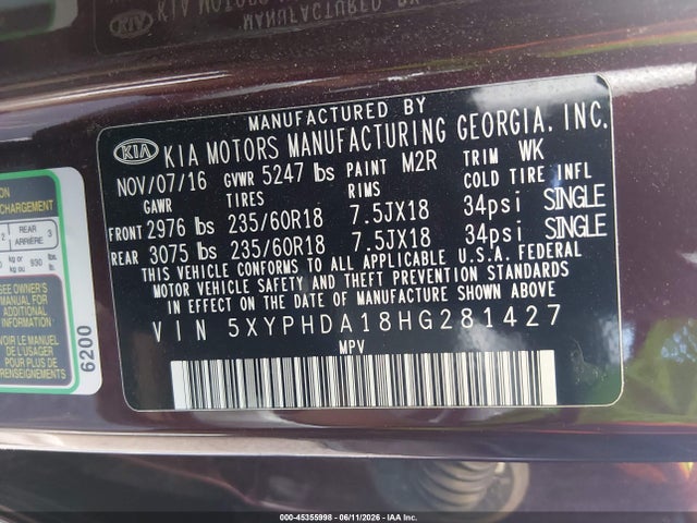 45355998 :رقم المزاد ، 5XYPHDA18HG281427 vin ، 2017 Kia Sorento 2.0t Ex مزاد بيع
