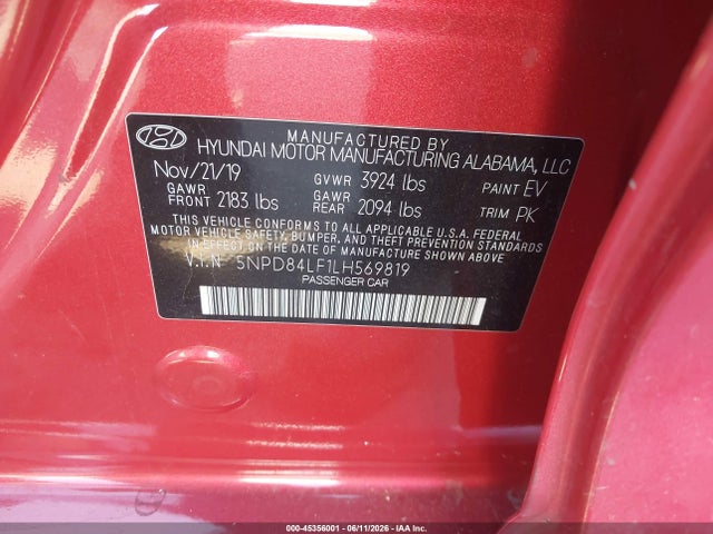 5NPD84LF1LH569819 Hyundai ELANTRA SEL