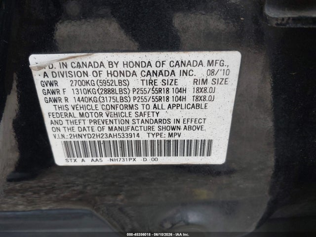 Aukcja sprzedaży 2010 Acura Mdx, vin: 2HNYD2H23AH533914, numer aukcji: 45356018