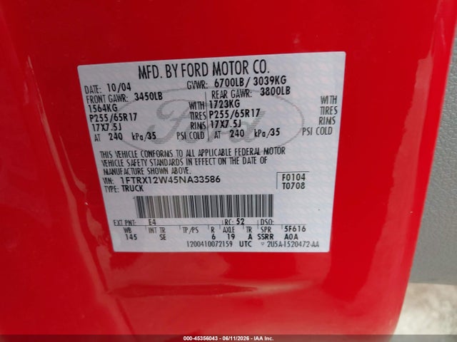 45356043 :رقم المزاد ، 1FTRX12W45NA33586 vin ، 2005 Ford F-150 Stx/xl/xlt مزاد بيع