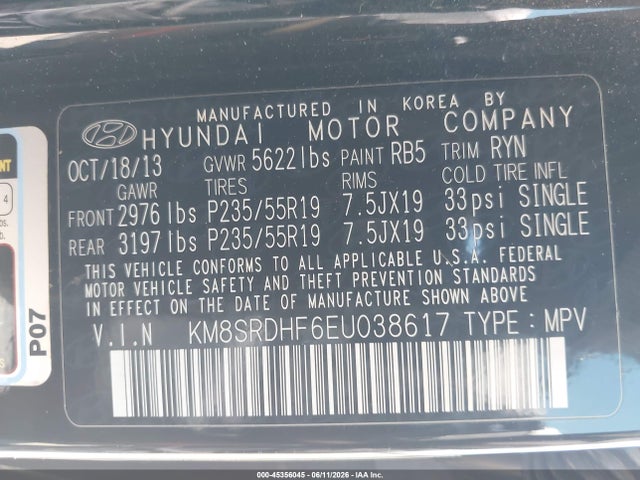 Aukcja sprzedaży 2014 Hyundai Santa Fe Limited, vin: KM8SRDHF6EU038617, numer aukcji: 45356045