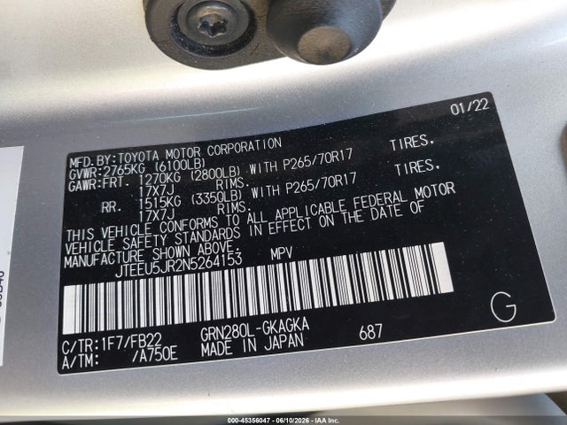 Aukcja sprzedaży 2022 Toyota 4runner Sr5, vin: JTEEU5JR2N5264153, numer aukcji: 45356047