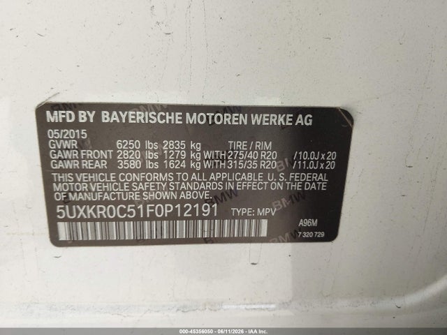 Aukcja sprzedaży 2015 Bmw X5 Xdrive35i, vin: 5UXKR0C51F0P12191, numer aukcji: 45356050