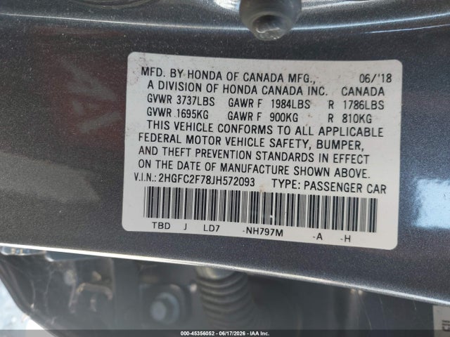 Honda CIVIC EX 2018 2HGFC2F78JH572093 Image 9