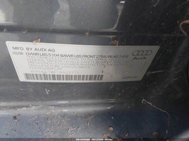 Aukcja sprzedaży 2006 Audi S4 4.2, vin: WAUGL78E16A221721, numer aukcji: 45356069