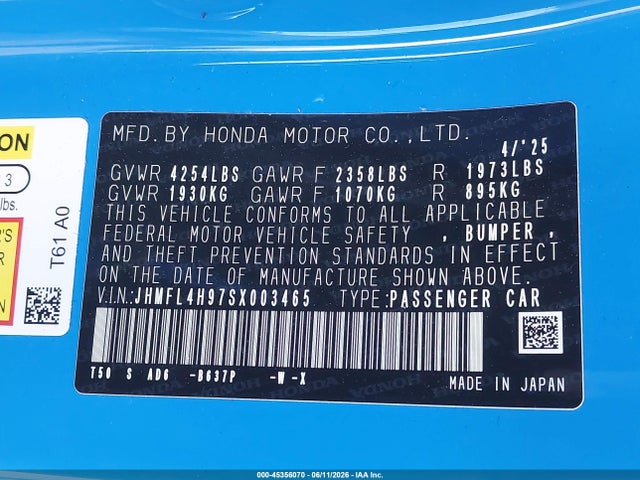 JHMFL4H97SX003465 Honda Civic Hybrid Sport Touring