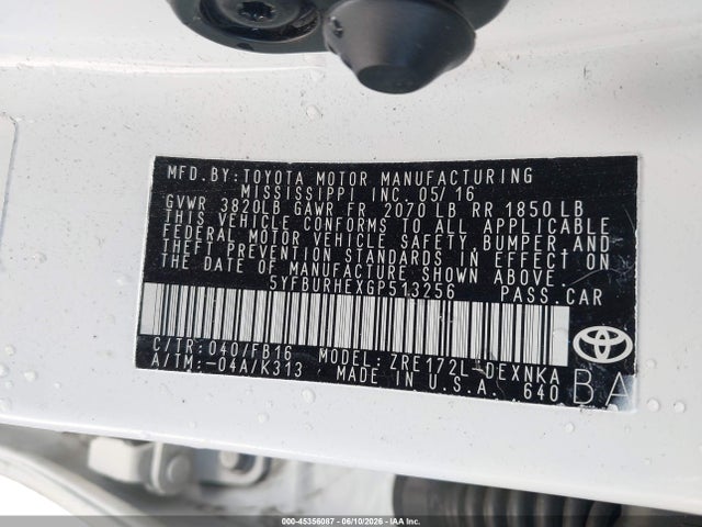 Aukcja sprzedaży 2016 Toyota Corolla Le, vin: 5YFBURHEXGP513256, numer aukcji: 45356087