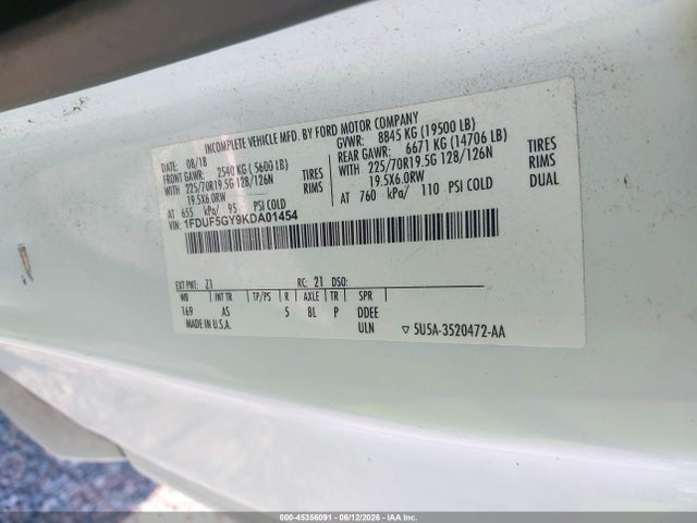 Aukcja sprzedaży 2019 Ford F-550 Chassis Xl, vin: 1FDUF5GY9KDA01454, numer aukcji: 45356091