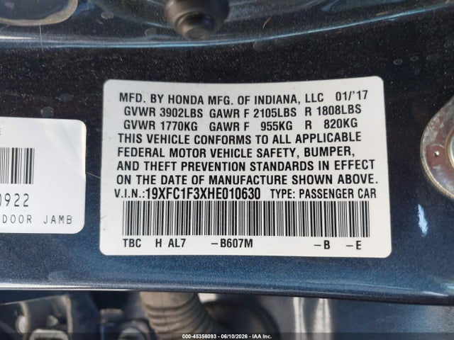 Honda Civic Ex-t 2017 19XFC1F3XHE010630 Image 9