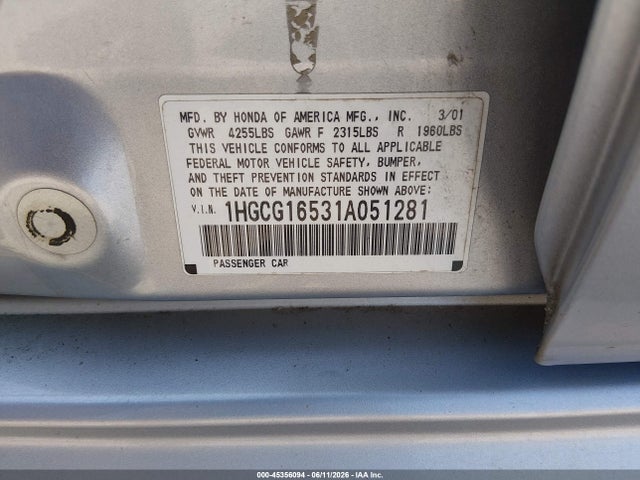 Aukcja sprzedaży 2001 Honda Accord 3.0 Ex, vin: 1HGCG16531A051281, numer aukcji: 45356094