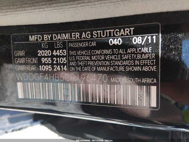 2012 Mercedes-benz C 250 Sport მანქანა იყიდება აუქციონზე, vin: WDDGF4HB5CR196470, აუქციონის ნომერი: 45356095