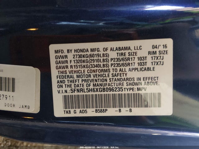 5FNRL5H6XGB096235 Honda Odyssey Ex-l