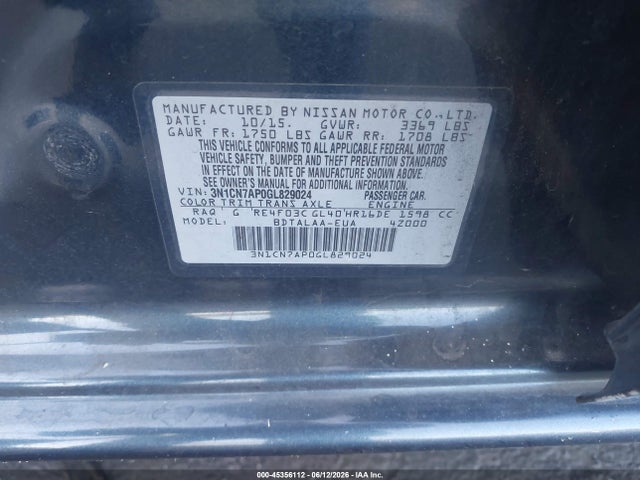 Aukcja sprzedaży 2016 Nissan Versa 1.6 S, vin: 3N1CN7AP0GL829024, numer aukcji: 45356112