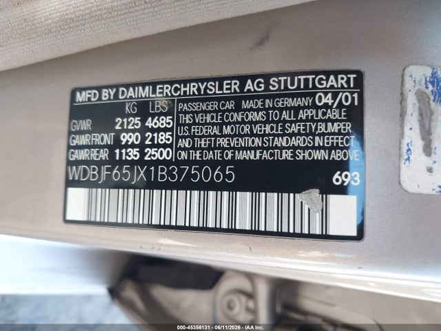 Aukcja sprzedaży 2001 Mercedes-benz E 320, vin: WDBJF65JX1B375065, numer aukcji: 45356131