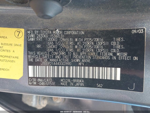 Aukcja sprzedaży 2004 Toyota Highlander V6, vin: JTEEP21A440002890, numer aukcji: 45356137