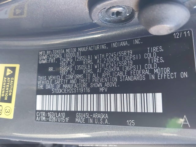 Aukcja sprzedaży 2012 Toyota Highlander Limited V6, vin: 5TDDK3EH2CS119116, numer aukcji: 45356143