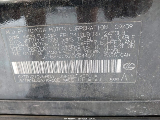 Aukcja sprzedaży 2010 Lexus Is 250, vin: JTHBF5C2XA2094409, numer aukcji: 45356147