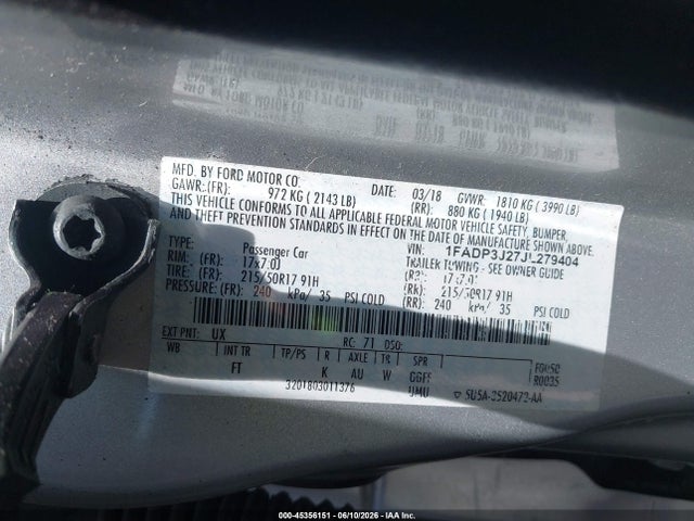 Aukcja sprzedaży 2018 Ford Focus Titanium, vin: 1FADP3J27JL279404, numer aukcji: 45356151