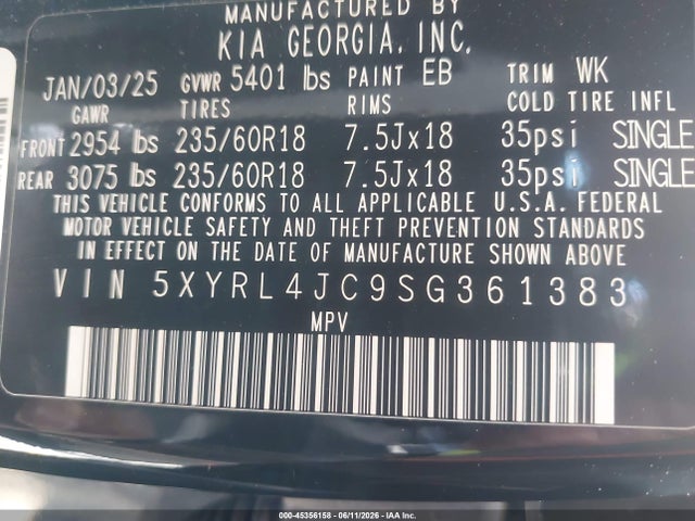 KIA SORENTO S 2025 5XYRL4JC9SG361383 Image 9