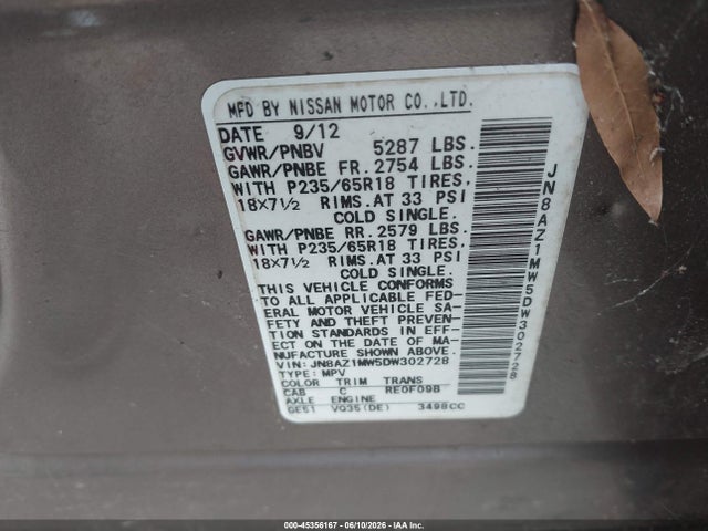 Aukcja sprzedaży 2013 Nissan Murano Sv, vin: JN8AZ1MW5DW302728, numer aukcji: 45356167