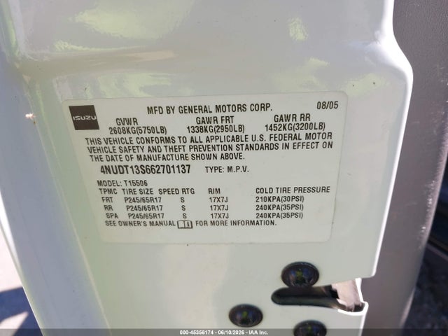 Продаж на аукціоні авто 2006 Isuzu Ascender S, vin: 4NUDT13S662701137, номер лоту: 45356174