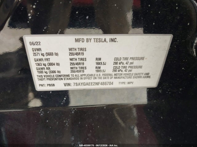 Продажа на аукционе авто 2022 Tesla Model Y Long Range Dual Motor All-wheel Drive, vin: 7SAYGAEE2NF486704, номер лота: 45356178