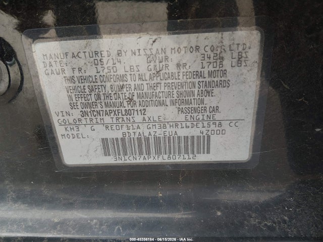 Продаж на аукціоні авто 2015 Nissan Versa 1.6 S+, vin: 3N1CN7APXFL807112, номер лоту: 45356184